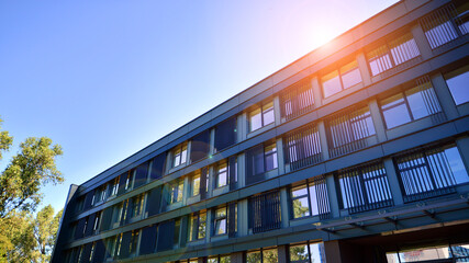 Fototapeta premium Sustainable glass office building with trees for reducing carbon dioxide. Eco-friendly building in modern city. Office with green environment. Corporate building reduce CO2.