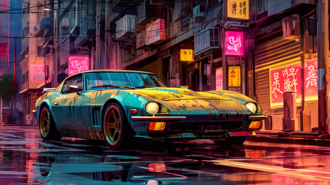 a painting of a car drives through the city in the night