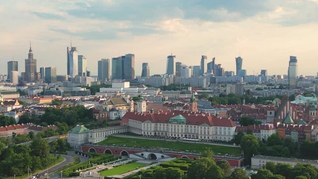 Aerial panorama of Warsaw, Poland over the Vistual river and City center in a distance Old town. Downtown skyscrapers cityscape. Business
