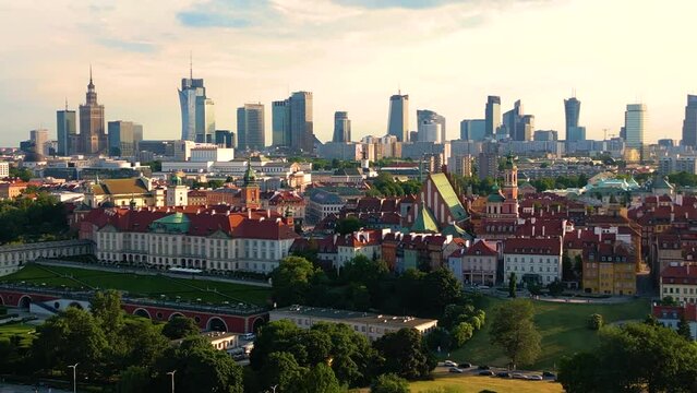 Aerial panorama of Warsaw, Poland over the Vistual river and City center in a distance Old town. Downtown skyscrapers cityscape. Business