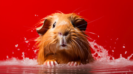  Guinea Pig is bathing isolated on red background with copy space