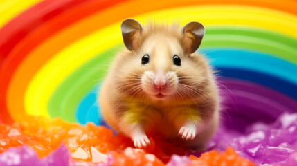 Hamster is playing on a rainbow background, close-up 