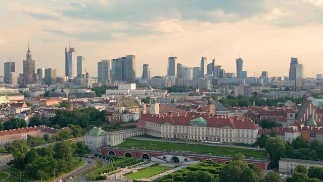 Aerial panorama of Warsaw, Poland over the Vistual river and City center in a distance. Downtown skyscrapers cityscape. Business