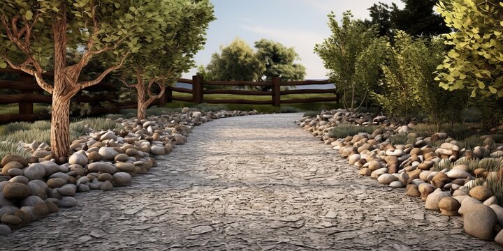 AI Generated. AI Generative. Beautifull peace walk pathway path road with grave and oaks around. Green park garden landscape adventure vacation. Graphic Art