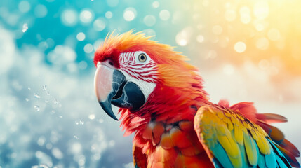 Obraz premium Colorful macaw parrot on colorful background with copy space.