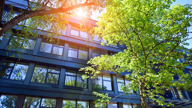 Sustainable glass office building with trees for reducing carbon dioxide. Eco-friendly building in modern city. Office with green environment. Corporate building reduce CO2.