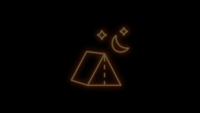 Camping tent animation, neon glow on black background
