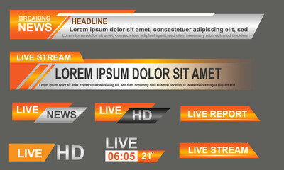 Broadcast News Lower Thirds Template layout orange grey set collection design banner for bar Headline news title, sport game in Television, Video and Media Channel vector