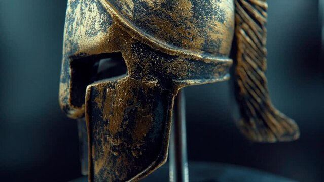 A close up macro cinematic shot of a spartan design, warrior metal bronze helmet, on a 360 rotating stand, studio lighting, Full HD video, Super Slow Motion 120 fps