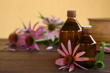 Small glass bottles of echinacea  tincture(water infusion, extract, perfume). Echinacea essential oil. Fragrant flower for perfumery, cosmetics production. Top view, flat lay, copy space for text.