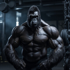 Fototapeta na wymiar fit Gorilla standing at the gym, Muscular Gorilla Flexing at the Gym, generative AI