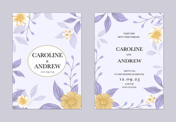 Wedding invitation card template with floral design. Vector illustration.