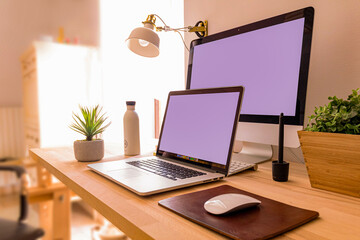 Laptop and TV on the desk, in light colors.