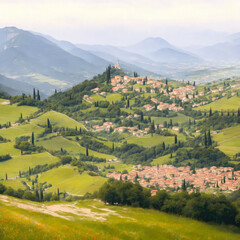 Fototapeta premium Italian mountain landscape with meadows, houses. AI-generated image