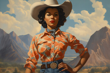 poc cowgirl wearing plaid western shirt with desert mountain range vista vintage americana painting made with generative ai - obrazy, fototapety, plakaty