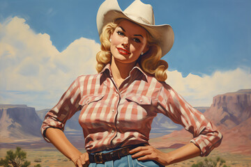 blonde, cowgirl wearing red plaid western shirt with desert mountain range vista vintage americana painting made with generative ai - obrazy, fototapety, plakaty