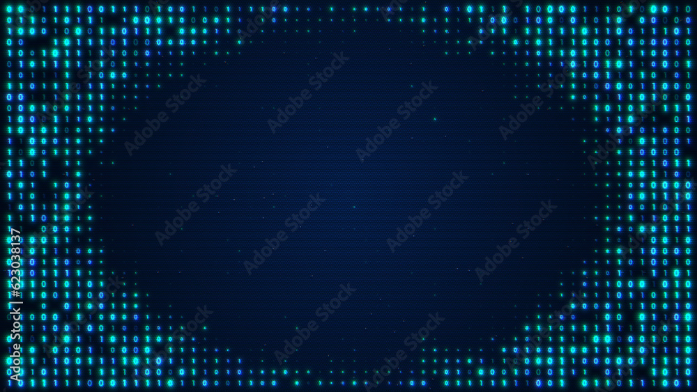 Wall mural futuristic illustration of blue glow digital data matrix of binary code numbers on a dark lcd screen