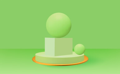Abstract realistic 3D cylinder pedestal in the room.Empty 3d round green podium and golden balls.