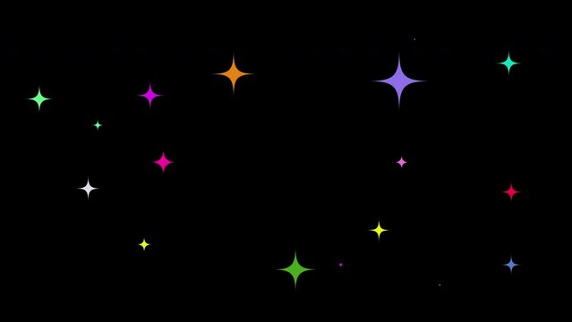 Twinkling stars animation, colorful cartoon, flat, vector, doodles style stars blinking on black background, night sky, loop.