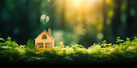 Investment concept. Forest scene with wooden house in beautiful garden on blur background