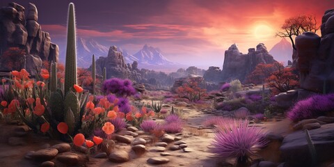 Generative AI, psychedelic and surreal scenery with cactus in the desert. Landscape of the wild west