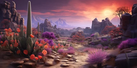 Photo sur Plexiglas Aubergine Generative AI, psychedelic and surreal scenery with cactus in the desert. Landscape of the wild west