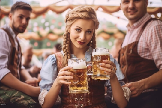 Woman wearing traditional clothes at oktoberfest festival with beer mug. AI Generation