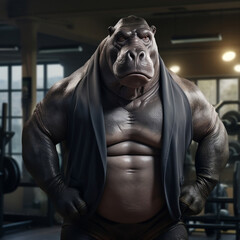 fit Hippopotamus standing at the gym, Fit Hippopotamus working out at the gym, generative AI