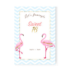 16 birthday greeting and invitation card with two flamingos.