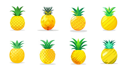 Set of yellow pineapples with green leaves, vector illustration isolated on white background. Vector