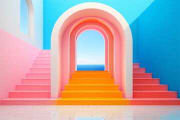 Obraz premium Surreal vintage landscape concept design colorful arch open architecture art sun