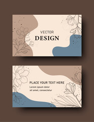 Business card design with an elegant organic pattern in a minimalist style. Modern concept with flowers and hand drawn blue and brown geometric shapes on a beige background. Trendy Vector illustration