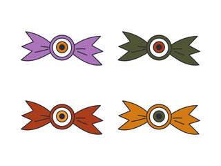 Obraz premium Round Halloween candy in wrapper with an eye. Candies and snacks. Halloween candy set. Trick or treat party. Cartoon candies vector.