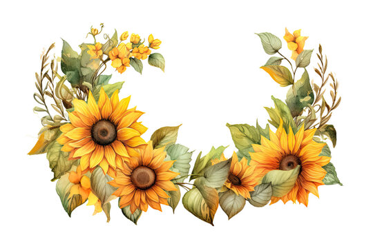 bouquet of sunflowers ,  line frame, drawn with a thick watercolor line adorned with sunflowers illustration clipart , Isolated PNG