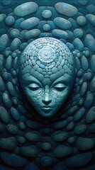 Fototapeta na wymiar Alien female face with extraterrestrial surreal hybrid mix of Zeta Reticulan humanoid features in a carved stone mosaic sculpture - generative AI