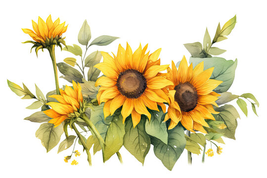 bouquet of sunflowers ,  line frame, drawn with a thick watercolor line adorned with sunflowers illustration clipart , Isolated PNG