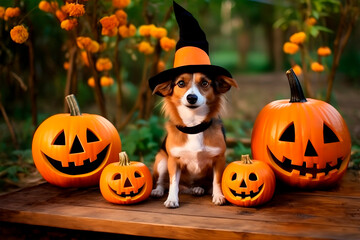 Cute dog in a witch hat is sitting near Jack o lanterns. Halloween background. Generative AI.