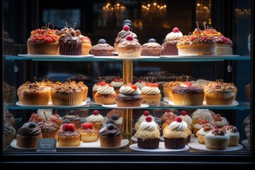 Pastry Shop Display Window With Cakes, Generative AI 