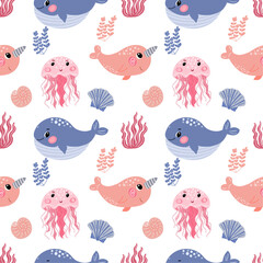 Seamless pattern with cute sea animals. Vector graphics on a white background, pecfect for wallpaper, wrapping paper, for designing prints on textiles, clothes, pillows, mugs.