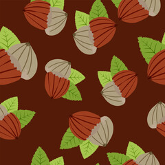 Seamless set of illustrated hazelnut repeating pattern on brown background. Editable Vector Illustration. EPS 10.