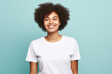 Fototapeta na wymiar Close up of a young African American woman smiling and wearing a white t-shirt on a turquoise background. Generative AI