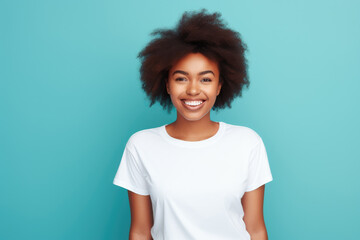 Fototapeta na wymiar Close up of a young African American woman smiling and wearing a white t-shirt on a turquoise background. Generative AI