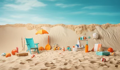 Foto op Plexiglas Beach chairs, toys, umbrella  with copy space. summer vacation concept. © Strabiliante