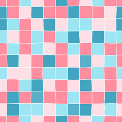 Hand drawn checkered seamless pattern. Blue and pink