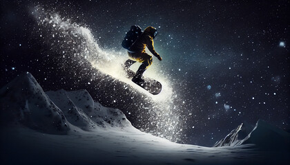 Obraz na płótnie Canvas Snowboarder jumping in the sky, Snowboarder doing trick on amazing starry night sky. Winter background, extreme sport. Vertical splash screen template Ai generated image