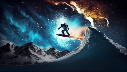 Snowboarder jumping in the sky, Snowboarder doing trick on amazing starry night sky. Winter background, extreme sport. Vertical splash screen template Ai generated image