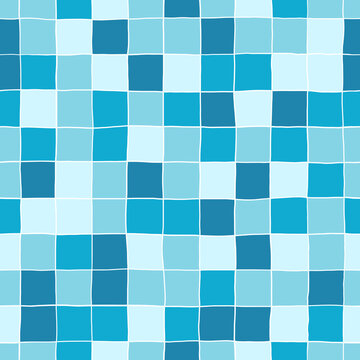 Hand Drawn Checkered Seamless Pattern. Blue