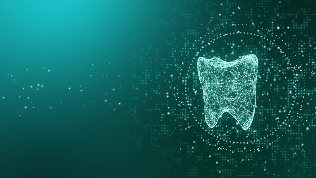 Rotating holographic 3D image of a tooth with glowing dots and plexus lines. Abstract medical dental green looped background.