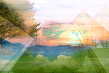 Double Exposure, buiding modern, mountain  green tree and sunlight, Eco freendly and sustainable business concept