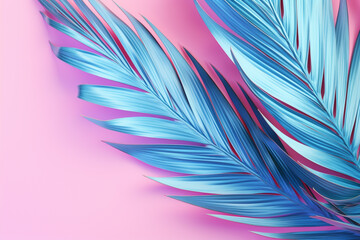 Summer exotic floral tropical palm leaves in blue style on the pink background. Plant flower nature wallpaper